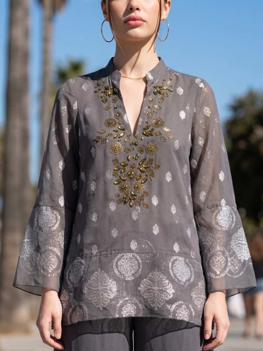 Hale Bob Grey Tunic with Gold Beaded Embellishment